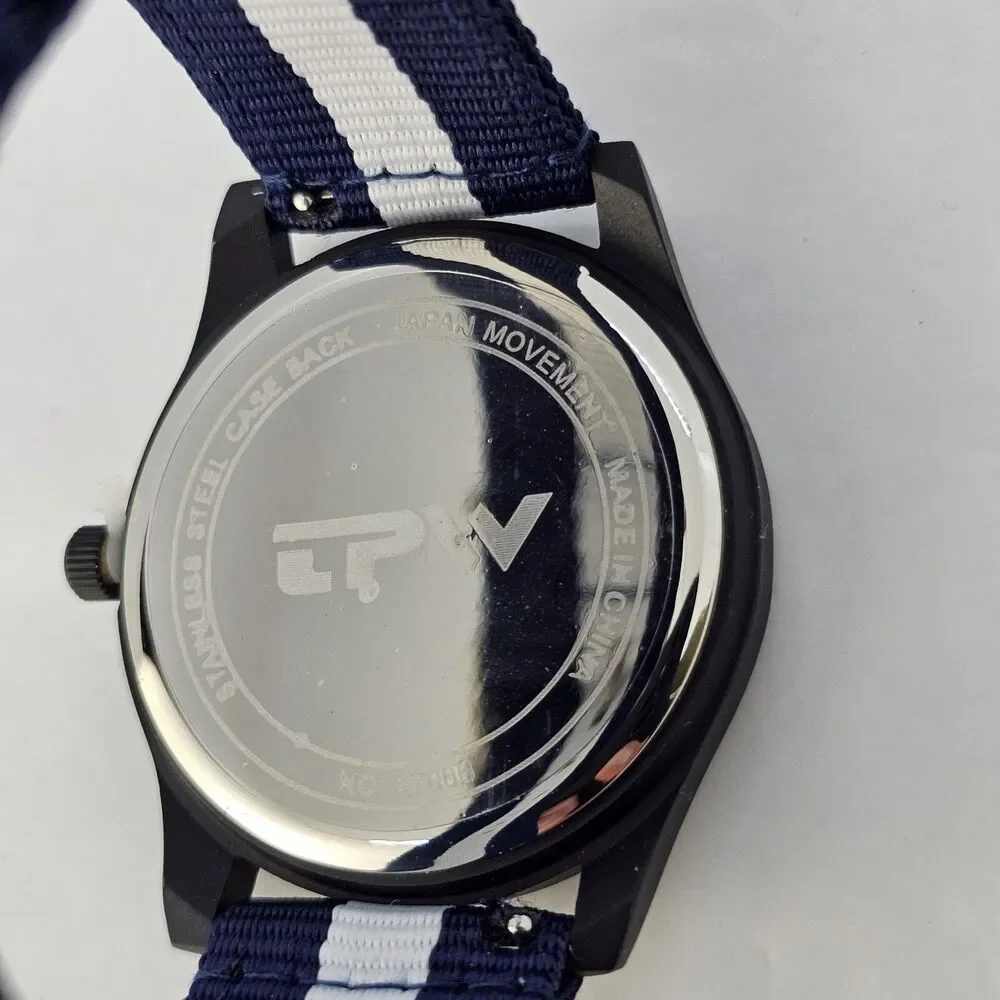 Men's Field Watch 42MM Black Case Black‎ Dial Blue White Canvas Band Straps